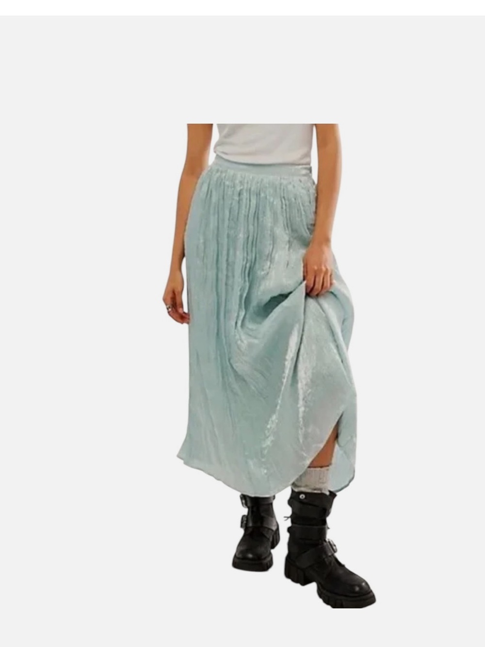 Free People Vera City Sea-glass blue Crinkle Pleated Maxi Skirt with pockets